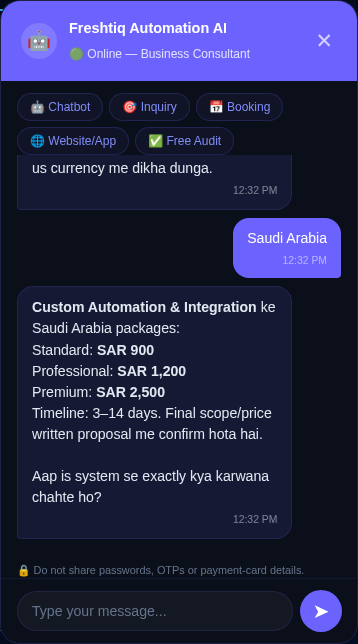Synthetic QA conversation on Freshtiq live website chatbot showing context-aware pricing flow